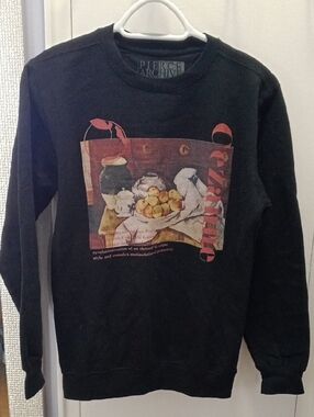 Black Graphic Crewneck Sweatshirt with Still-Life Artwork